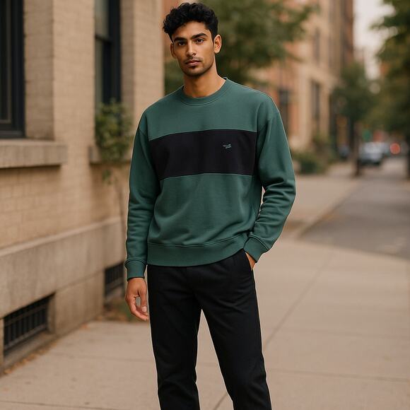 Perry Ellis Green and Navy Blue Sweatshirt Casual Color-Block Design Mens L - Picture 1 of 8